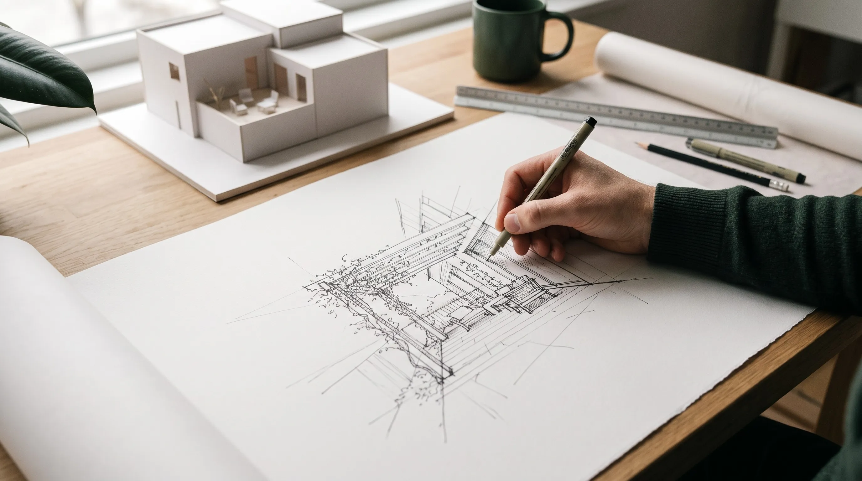 La mano de una arquitecta dibujando con tinta el boceto de una terraza, junto a una maqueta blanca.