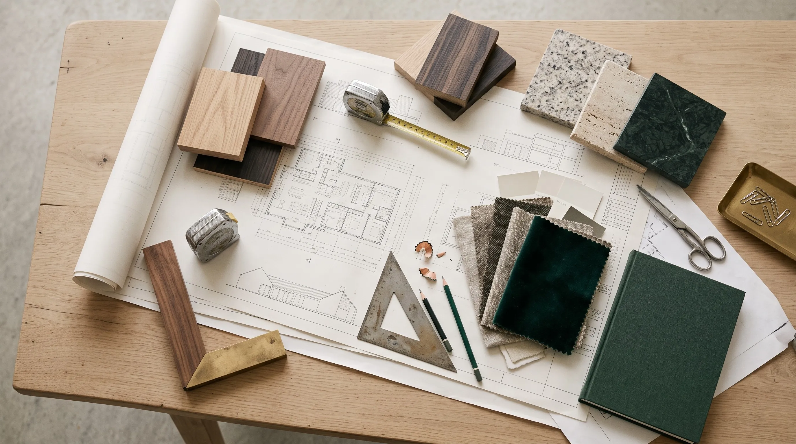 Mesa de trabajo con un plano arquitectónico, muestras de madera, piedra y tela, una wincha y una escuadra.