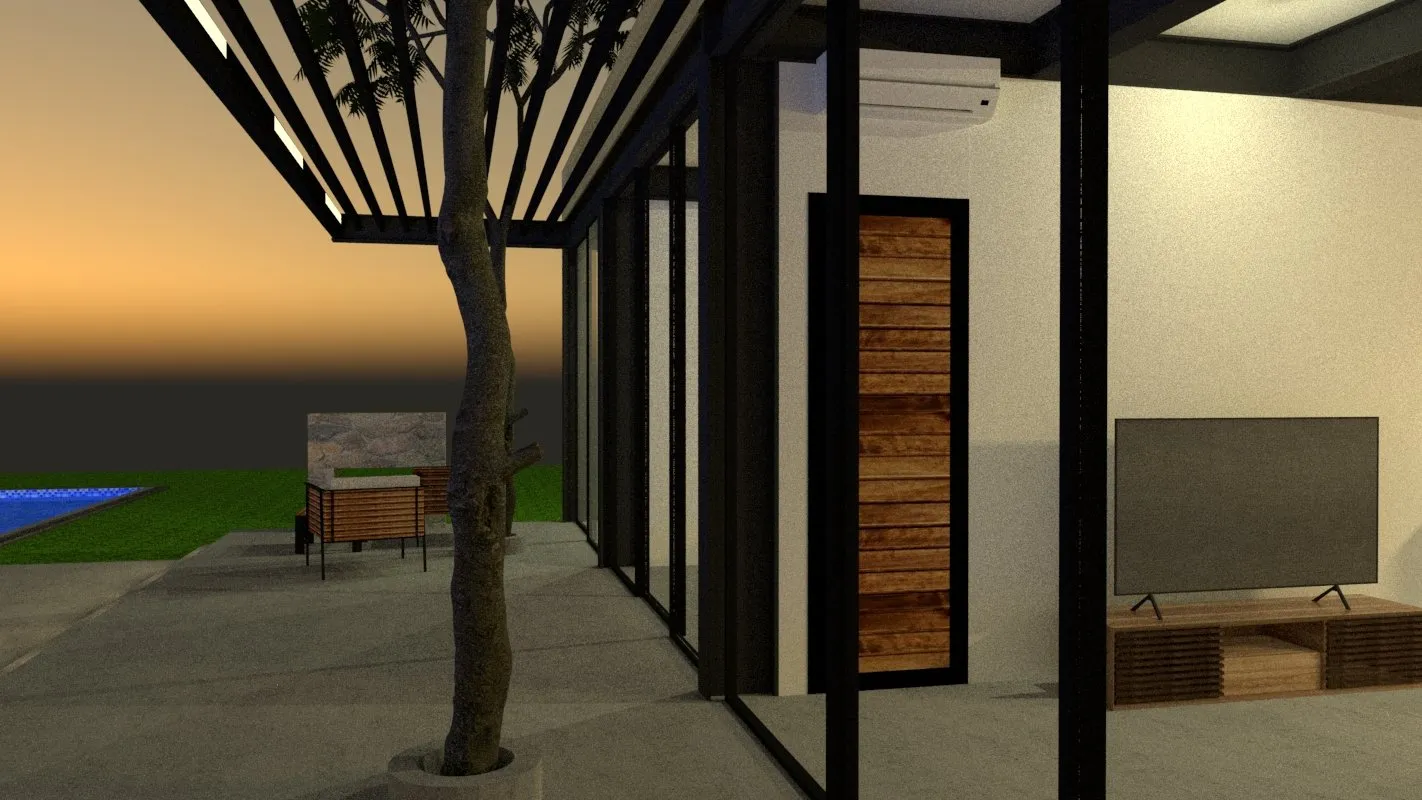 Render de la terraza, con el árbol que atraviesa la pérgola frente a la fachada de vidrio.