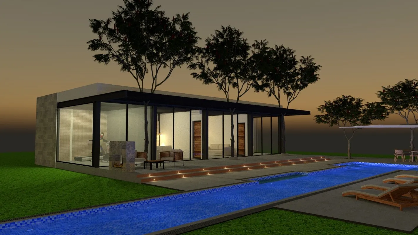 Render de la casa al atardecer, con la piscina larga iluminada y los árboles del jardín.
