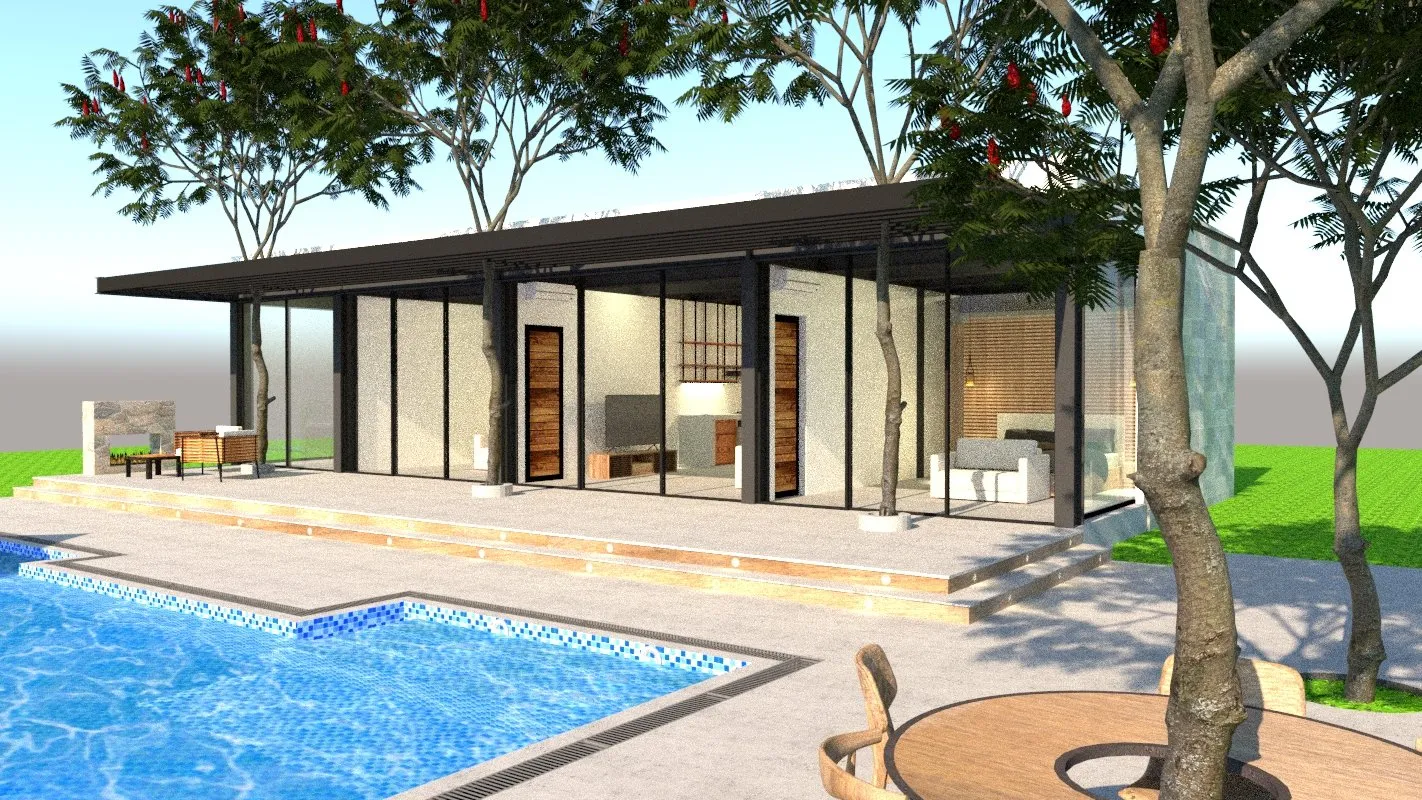 Render de día de la casa, con la terraza, el árbol y la piscina.
