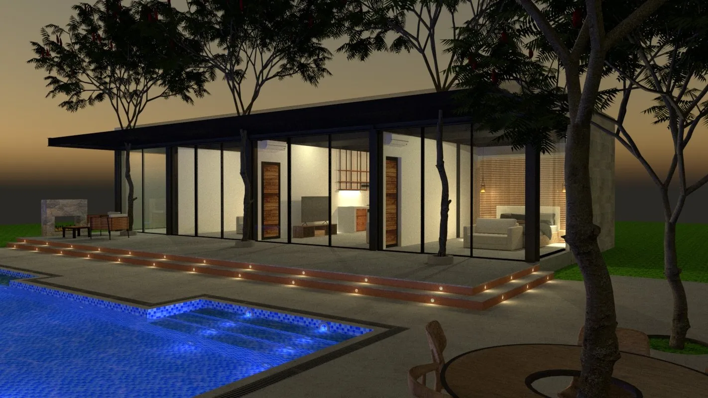 Render nocturno de la fachada de vidrio, con la terraza iluminada y la piscina.