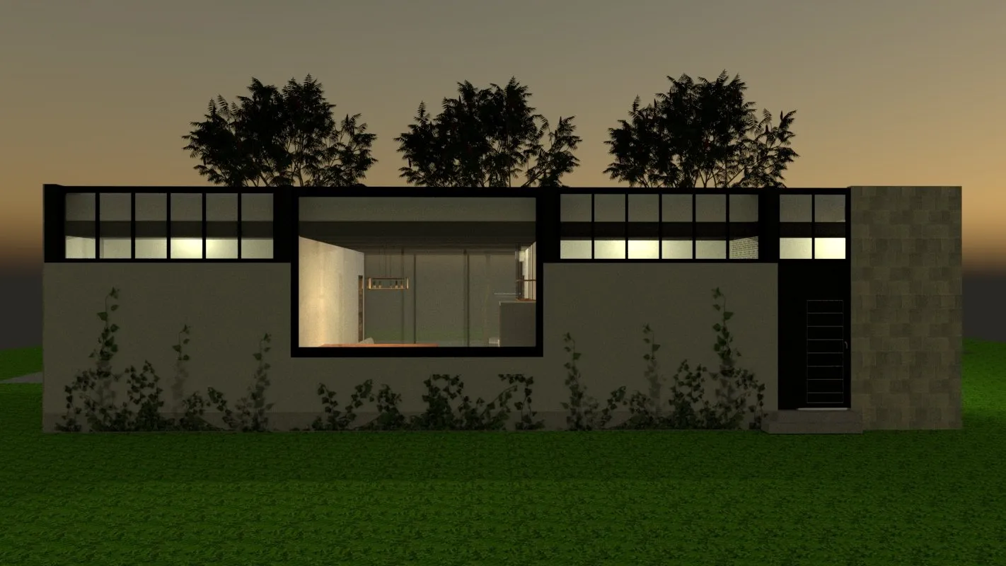 Render de la fachada posterior, con ventanas altas y enredaderas.
