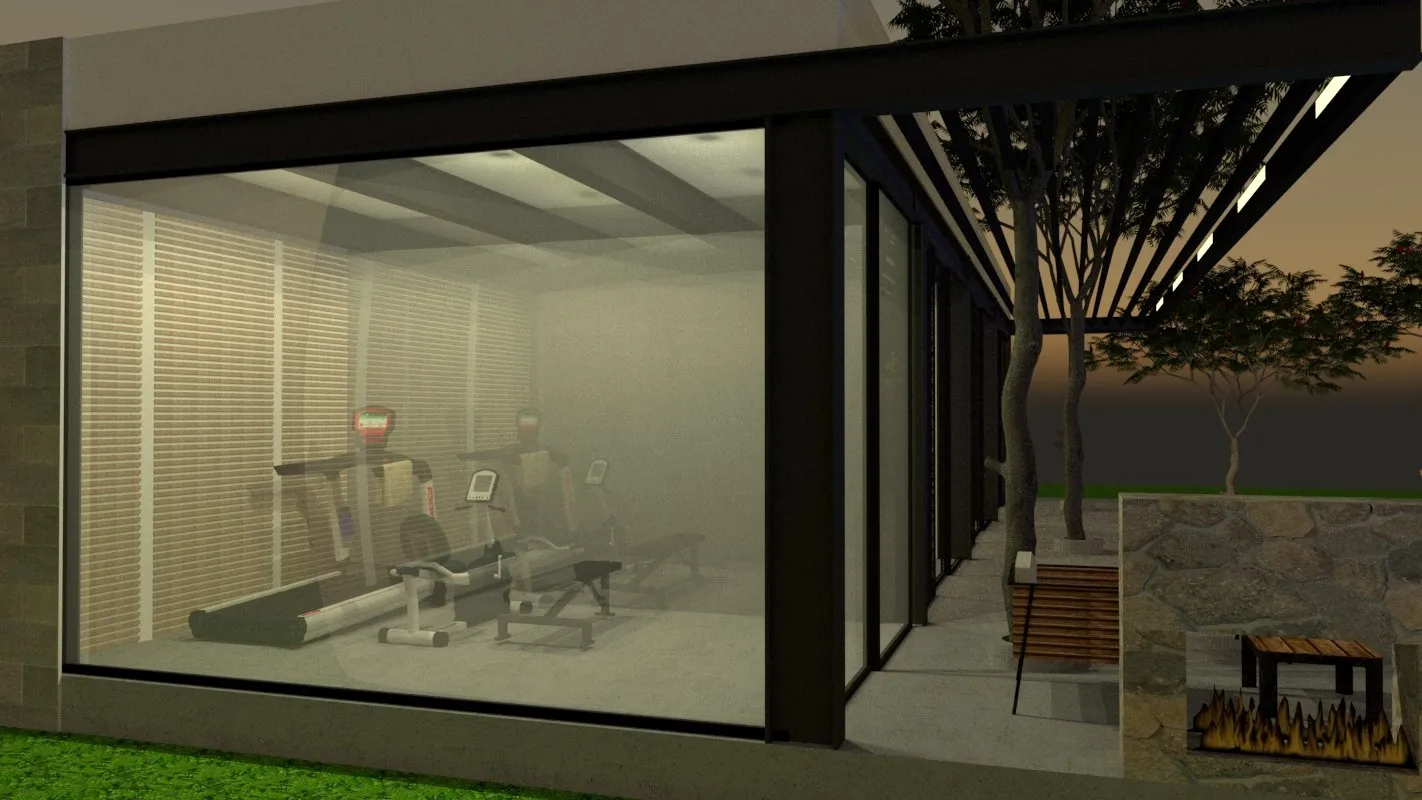 Render del gimnasio detrás de la fachada de vidrio.