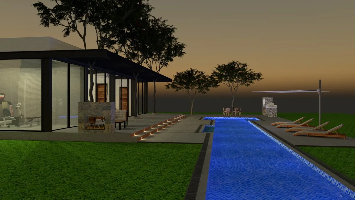 Render de la piscina larga frente a la terraza, con las tumbonas.