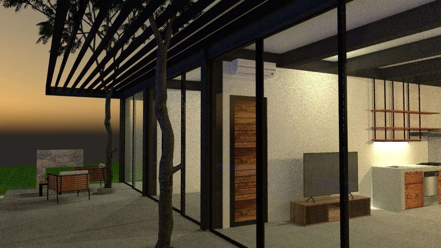 Render de la sala de televisión y la terraza, sin la fachada de vidrio.