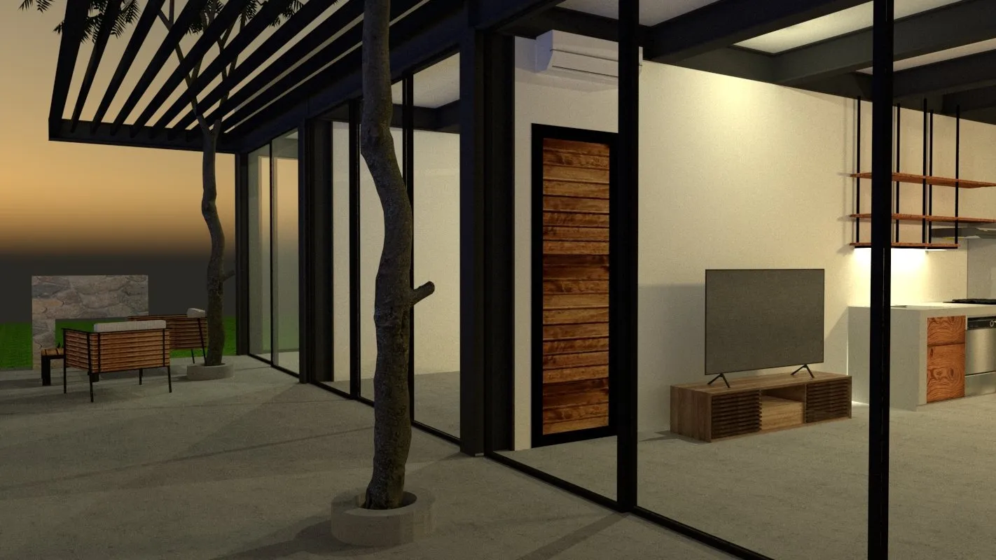 Render de la terraza con el árbol, la pérgola y la sala de televisión abierta.