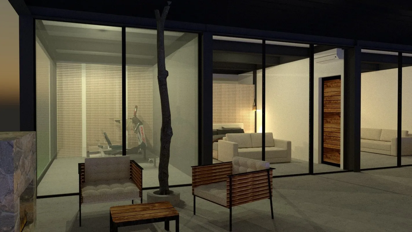 Render de la terraza con muebles de exterior frente a los ambientes vidriados.