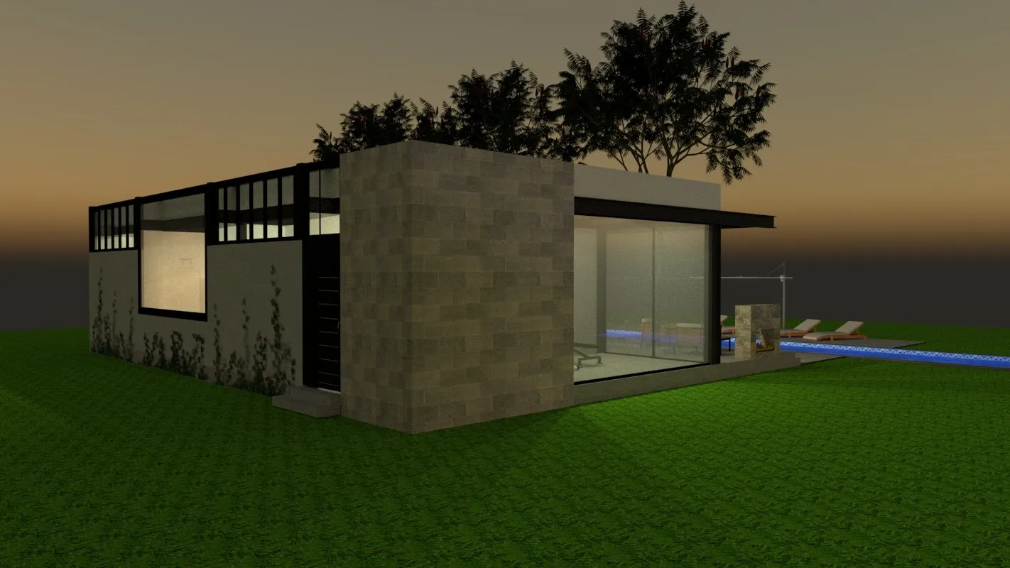 Render del volumen de piedra de la casa visto desde el jardín.